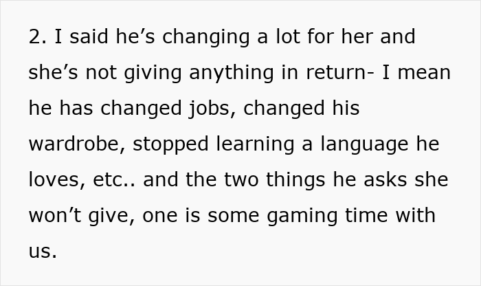 Text message excerpt about a man changing his lifestyle and losing gaming time with siblings due to his fianc&eacute;'s demands.