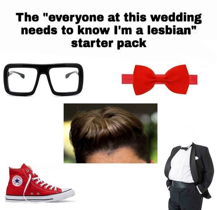 Starter pack meme showing black glasses, red bow tie, styled hair, red sneakers, and a tuxedo for chaotic memes humor moments.