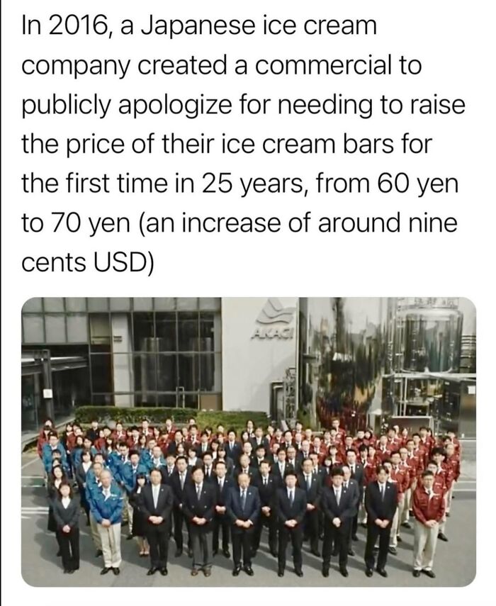 Group of Japanese ice cream company employees formally apologizing in a commercial, illustrating secret facts about pricing changes.