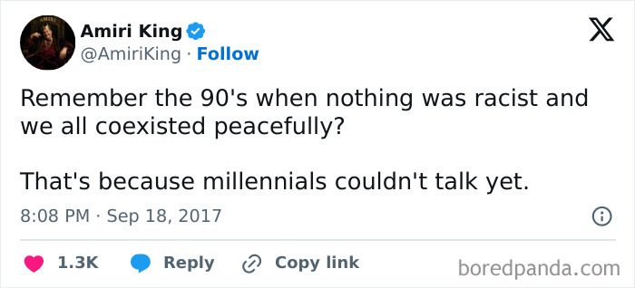 Tweet mocking 90s nostalgia with sarcastic comment on millennials and rose tinted tolerance in online culture.