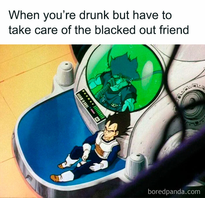 Nostalgic ’90s meme showing a character taking care of a passed-out friend in a sci-fi capsule setting.