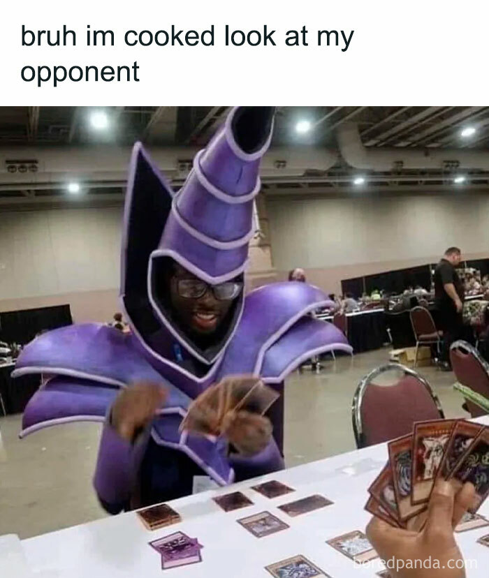 Cosplayer in vintage purple costume playing a card game, evoking nostalgic ’90s posts and memes vibe.