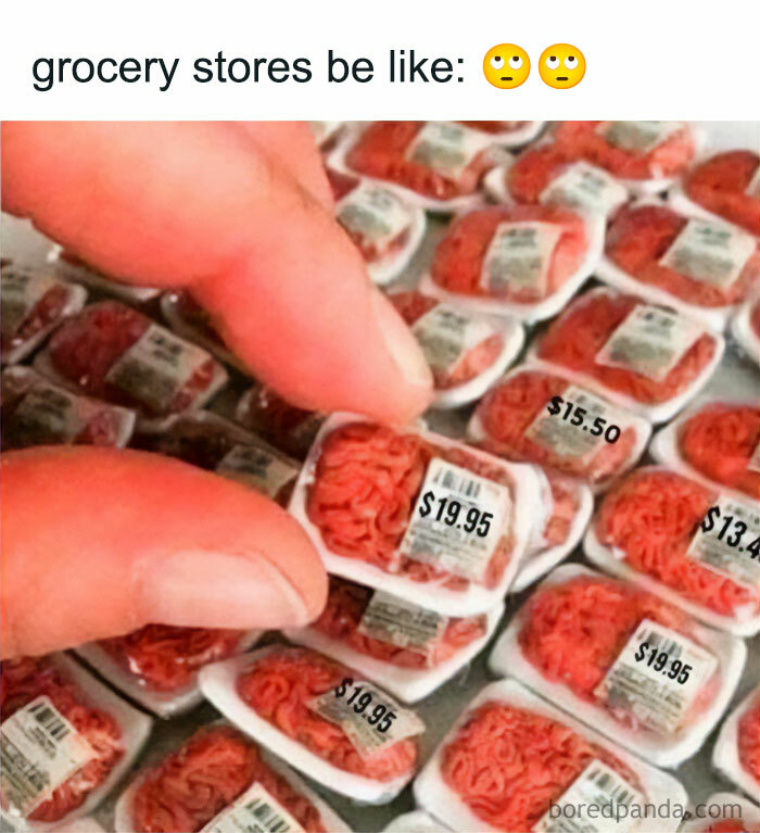 Close-up of tiny packaged ground meat with high prices, humorously captioned about grocery stores in nostalgic ’90s posts and memes.