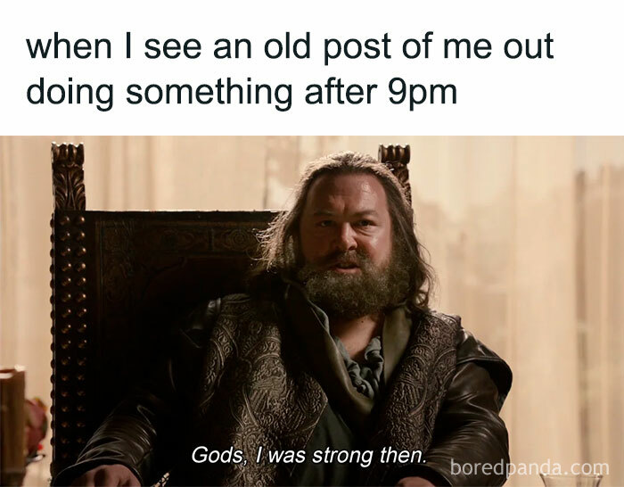 Scene from a nostalgic ’90s meme showing a bearded man reflecting on his past strength after 9pm activities in vintage setting.