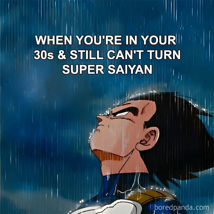 Anime character Vegeta looking up in the rain with text about being in your 30s in nostalgic 90s posts meme style.