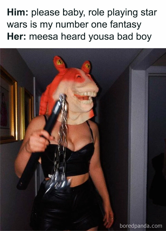 Person wearing a Star Wars Jar Jar Binks mask and black outfit holding nunchucks in a nostalgic ’90s meme post.