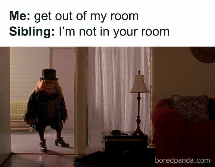 Humorous ’90s meme showing sibling denial with a leprechaun figure, evoking nostalgic ’90s posts and memes.