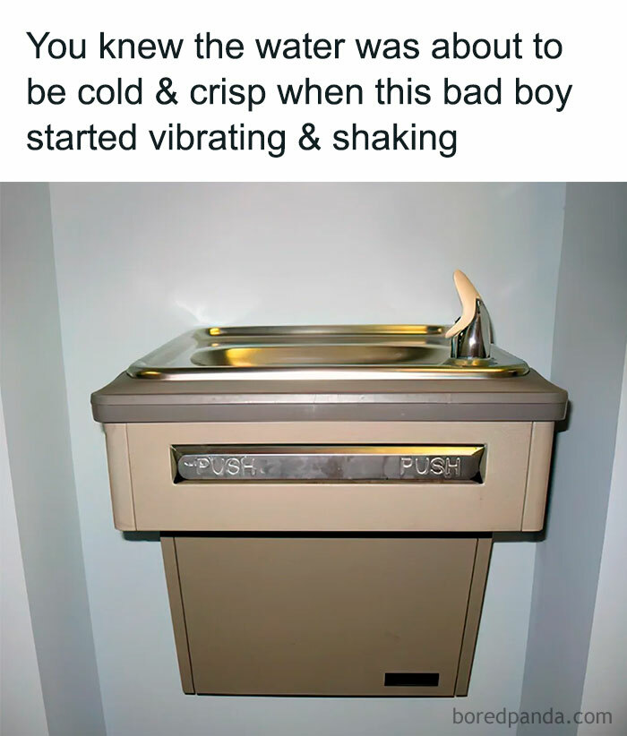 Water fountain with push buttons, a nostalgic ’90s post reminding of cold crisp water and vintage vibes.