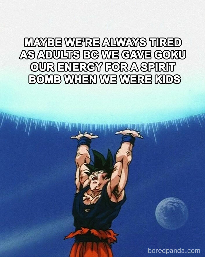 Dragon Ball Z character Goku raising hands to form a spirit b**b in a nostalgic ’90s meme post about childhood energy.