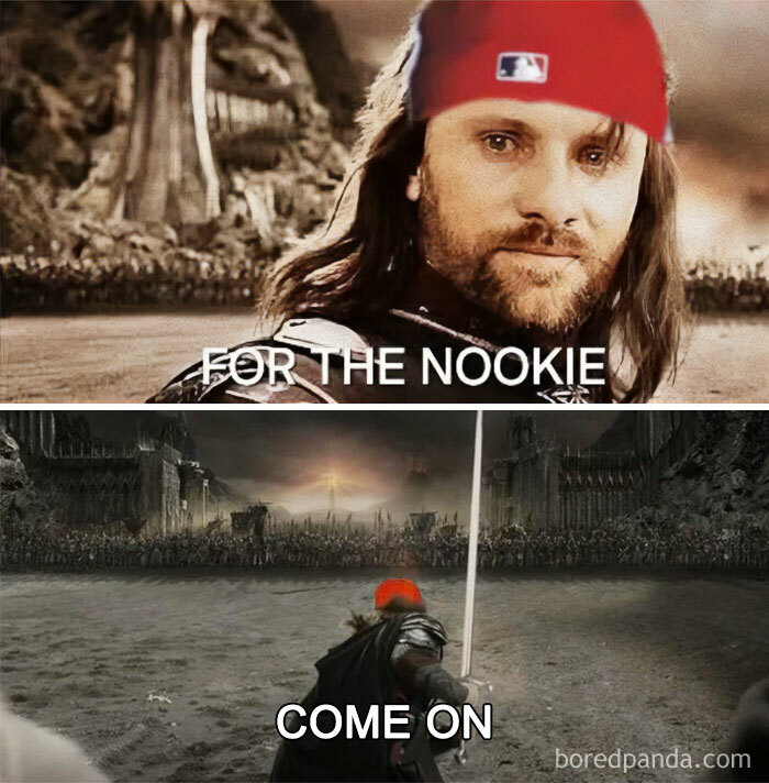 Meme featuring a 90s style character with a cap in a fantasy battle scene captioned for nostalgic ’90s posts.