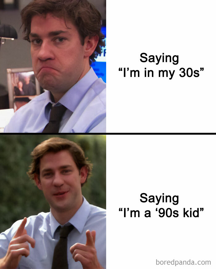 Man reacting with disappointment then excitement, highlighting nostalgic ’90s posts and memes about being a ’90s kid.