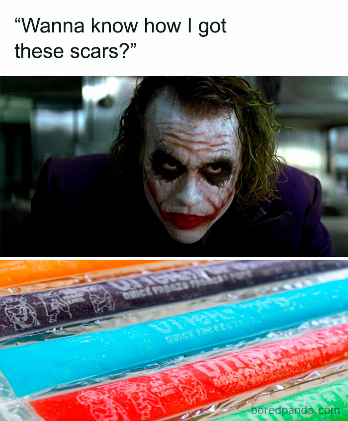 The Joker character meme paired with colorful retro 90s freeze pop treats, evoking nostalgic 90s posts and memes.