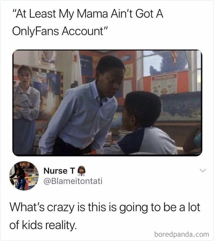 90s nostalgic meme showing kids in a classroom with a humorous modern social media reference.