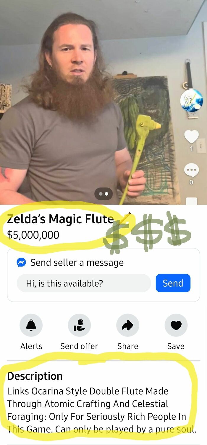 Man with long beard holding Zelda’s Magic Flute listed for sale as a wildest thing found on Facebook Marketplace.