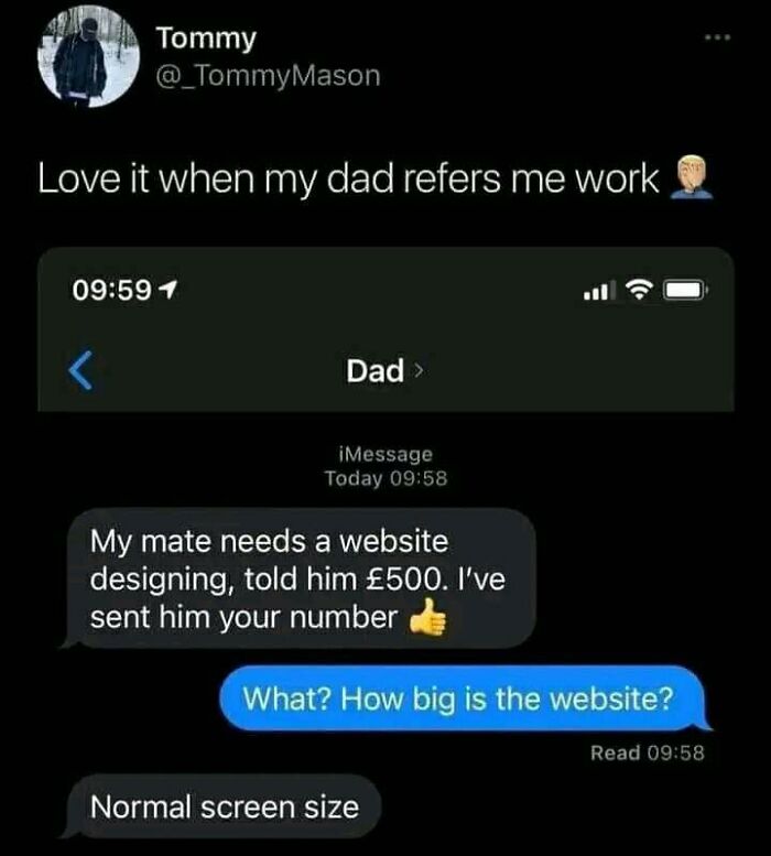 Text message exchange about website designing and sarcastic humor, featuring a conversation about a £500 job offer.