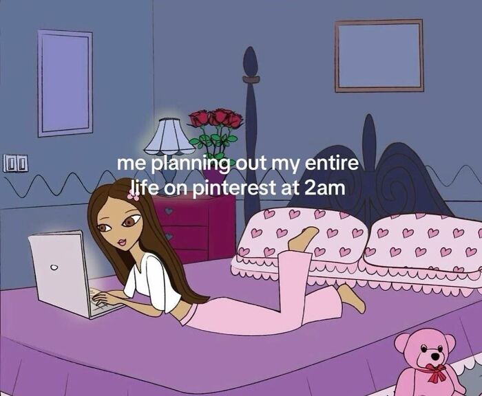 Illustration of girl on laptop in bedroom, representing cute and wholesome posts shared by a dedicated group of girlies.