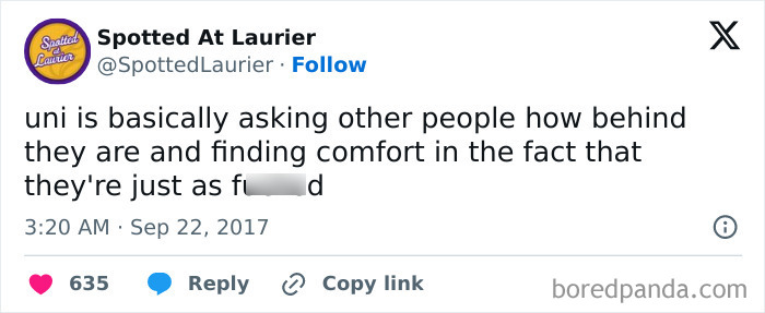 Tweet about university life relatable to students, highlighting how students find comfort in shared struggles and delays.