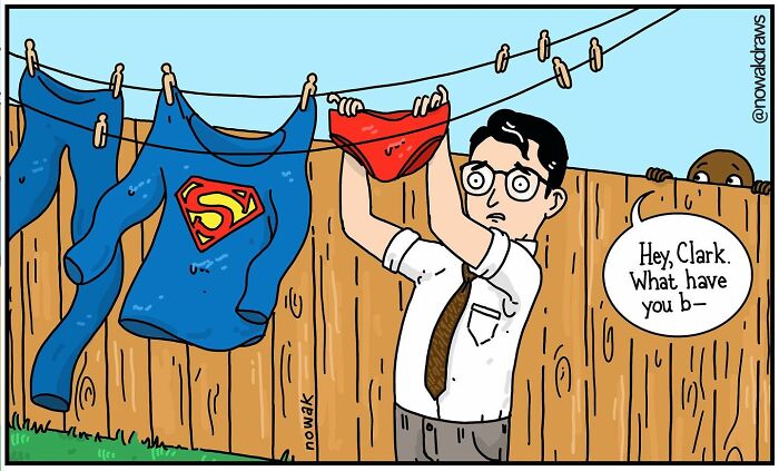 Comic panel by artist with peculiar sense of humor shows Clark, Superman shirt, and red underwear on clothesline.