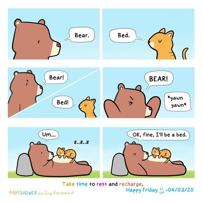 Comic panels of a bear and cat in a lighthearted animal comic, highlighting rest and recharge with playful dialogue.