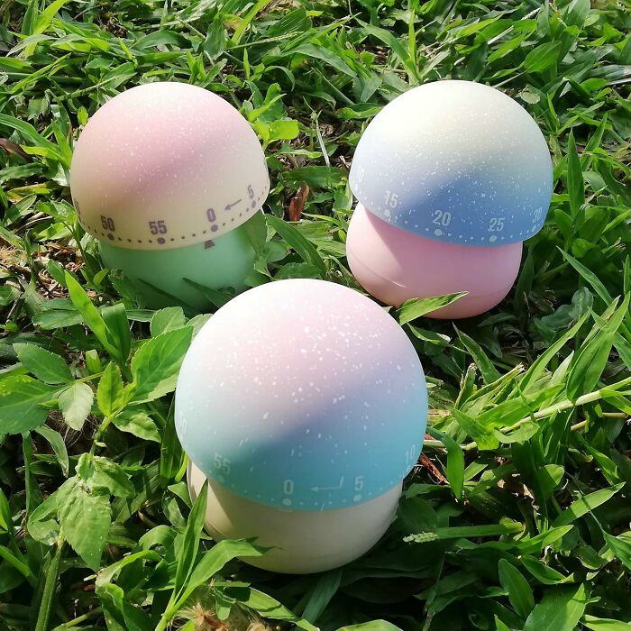 Colorful mushroom-shaped kitchen timers in grass, playful and funny finds for an office personality transplant.