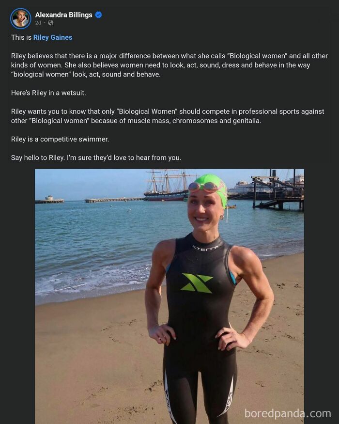 Person in wetsuit standing on beach near water wearing green swim cap and goggles, illustrating outrageous hot takes publicly shared.