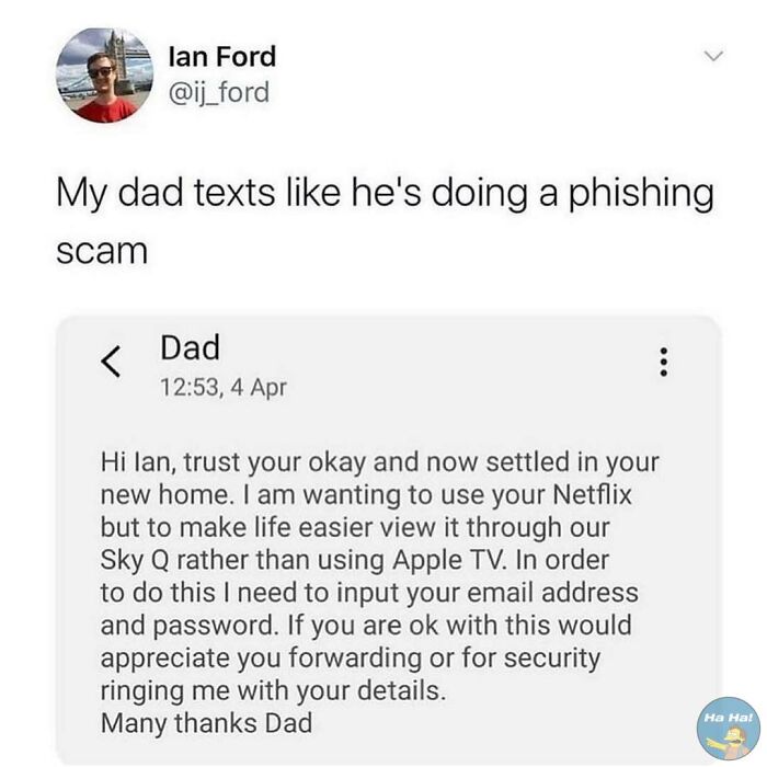 Screenshot of a humorous text from a dad asking for Netflix login details, featuring mocking posts jokes memes.