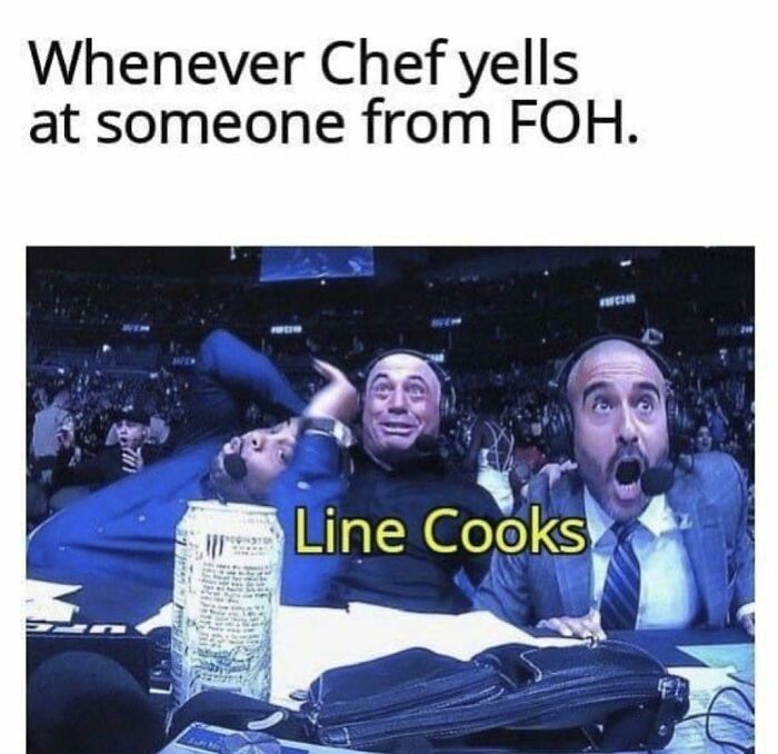 Three shocked men reacting with surprise, illustrating relatable memes about working in hospitality and line cooks.