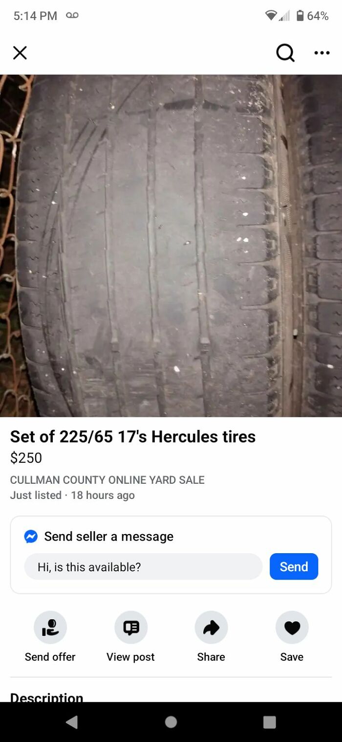 Worn Hercules tires sized 225/65 17 inches listed for sale on Facebook Marketplace in an online yard sale.