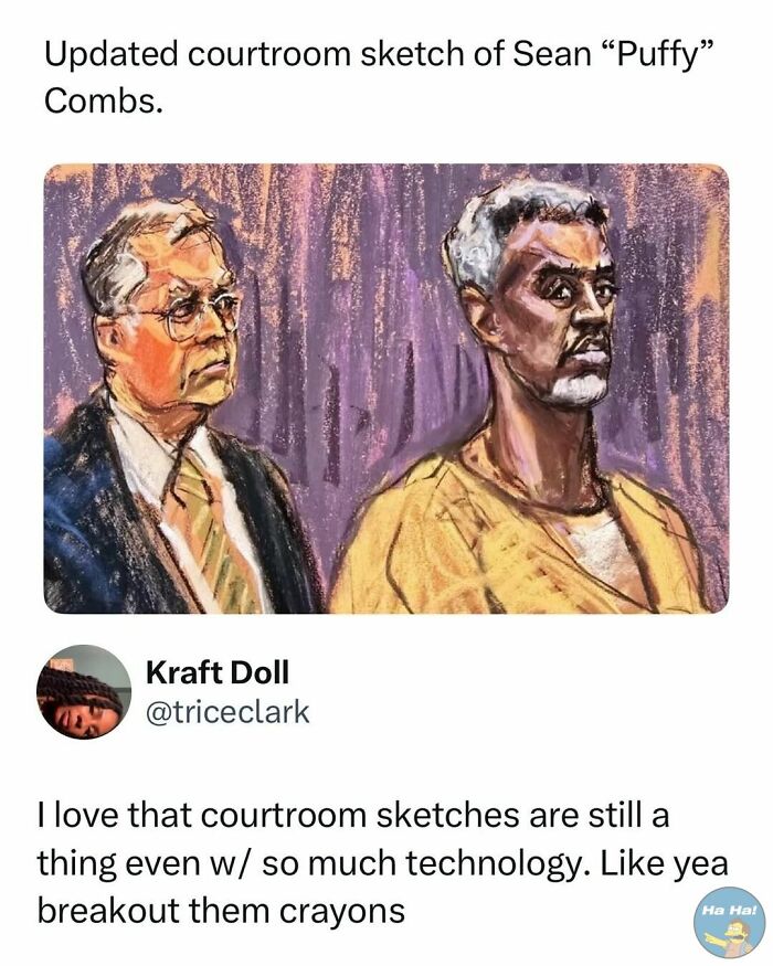 Courtroom sketch of two men, one in a suit and one in a yellow prison uniform, shared in mocking posts and memes.