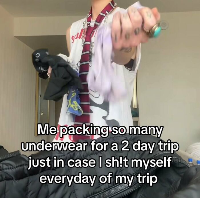 Person holding multiple pairs of underwear, humorously illustrating chaotic memes about overpacking for a short trip.