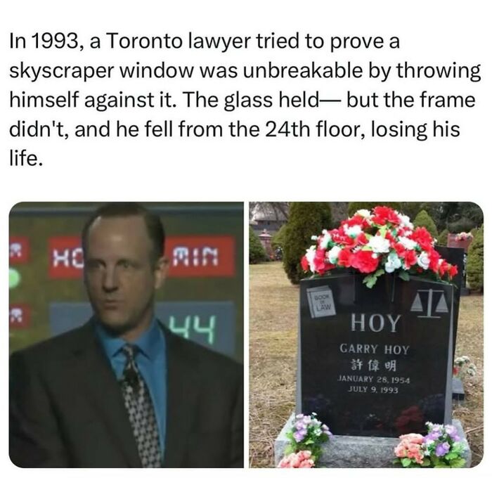 Toronto lawyer Garry Hoy's tragic fall proves a secret fact about unbreakable skyscraper windows in amazing pictures.