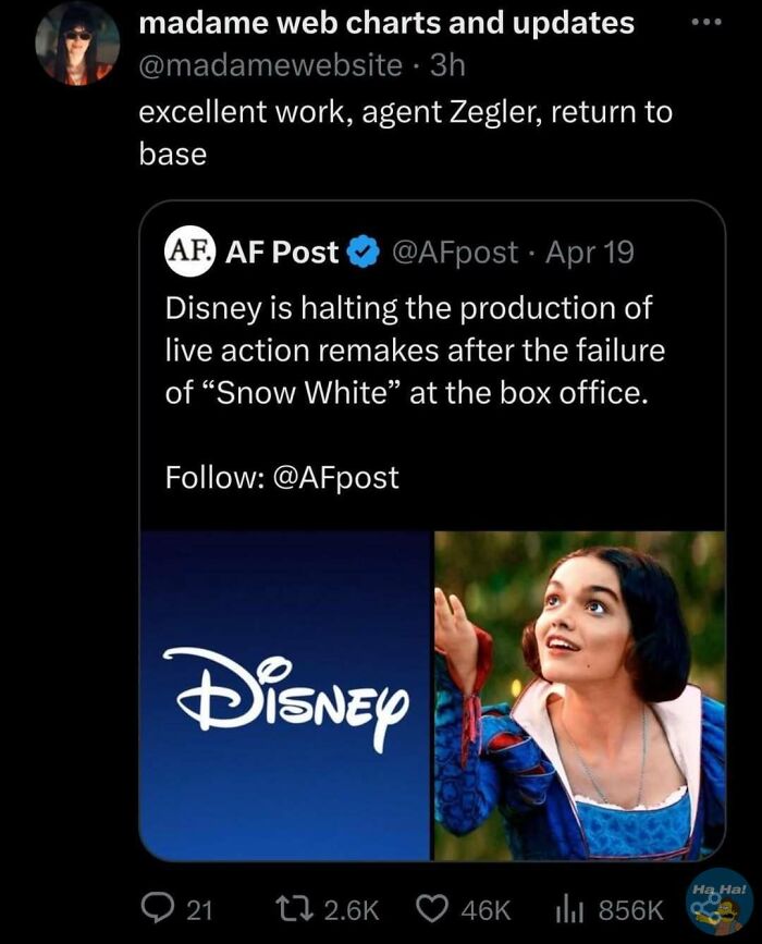 Social media post mocking Disney's halt of live action remakes after Snow White's box office failure with humorous reaction.
