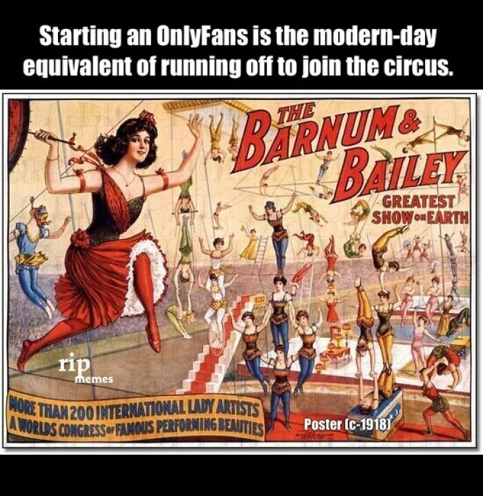 Vintage circus poster with acrobats and a woman in a red dress, paired with a modern OnlyFans meme, classical art memes.