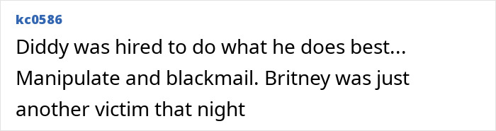 Text screenshot showing a quote about Britney Spears and Diddy involving manipulation and a wild party mentioned during trial.