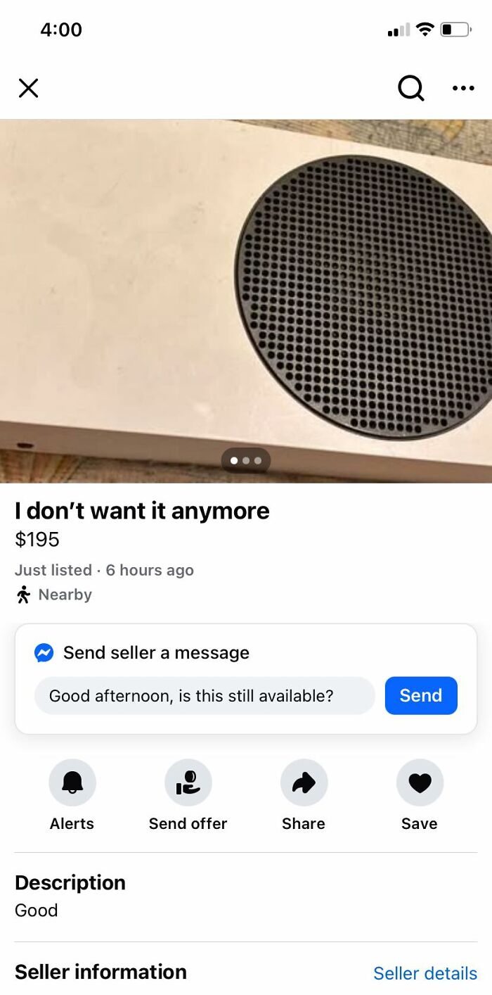 Listing on Facebook Marketplace showing a unique speaker for sale among wildest things found for sale on Facebook Marketplace.