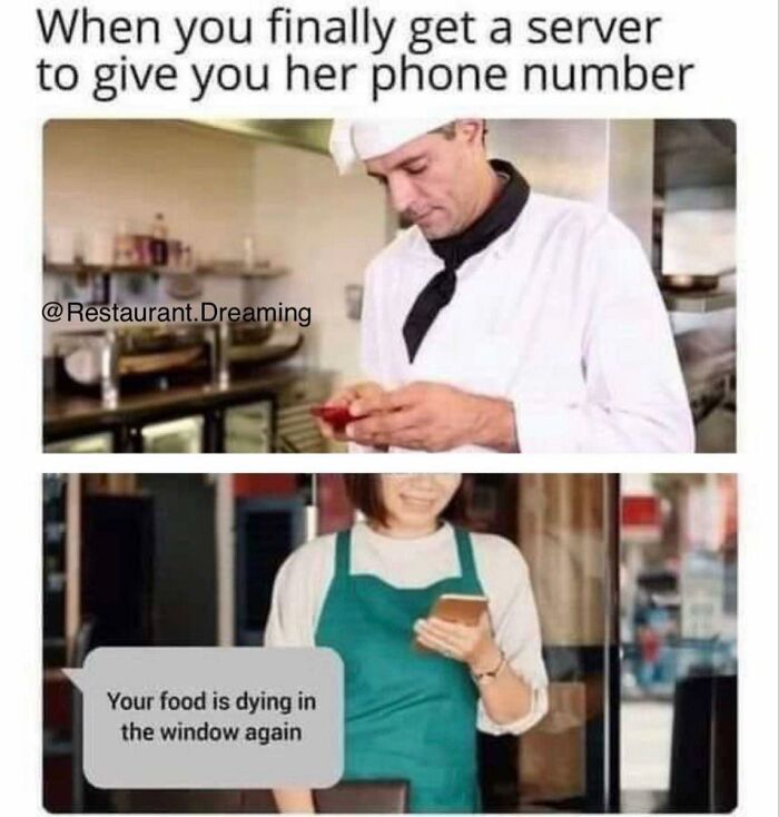 Man in chef uniform excitedly checking phone and waitress in green apron texting about food in window, hospitality memes.