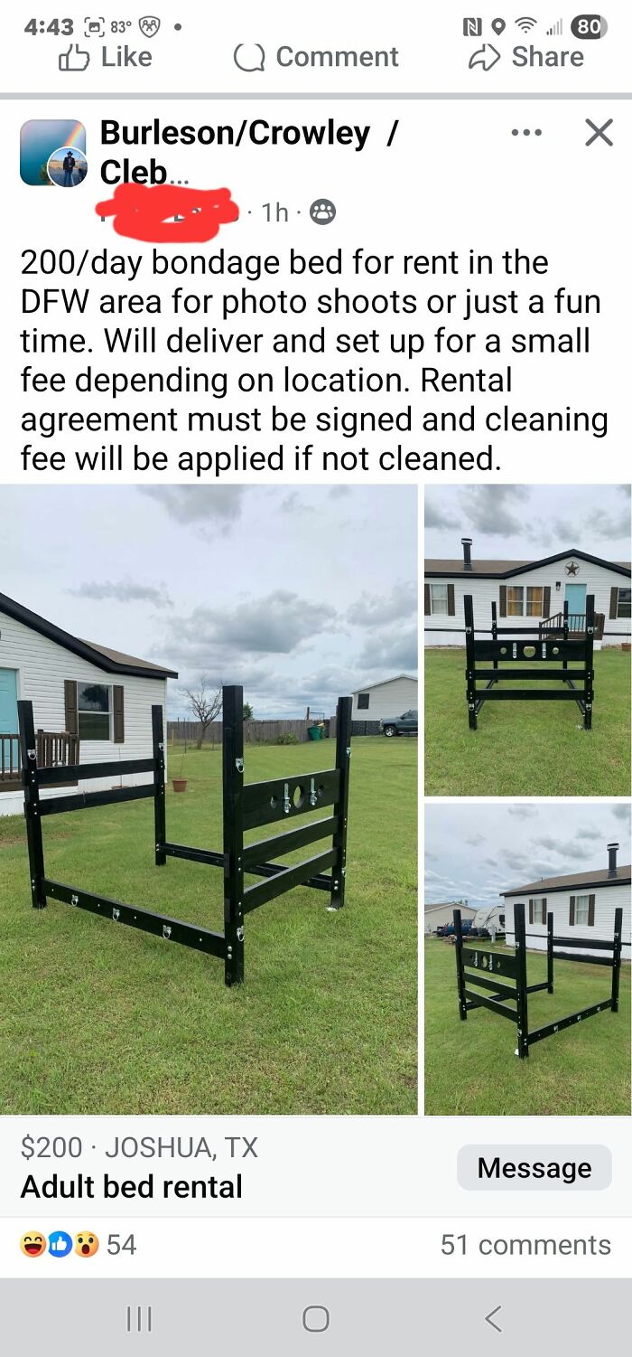 Bondage bed for rent in Texas listed on Facebook Marketplace among wildest things people found for sale.
