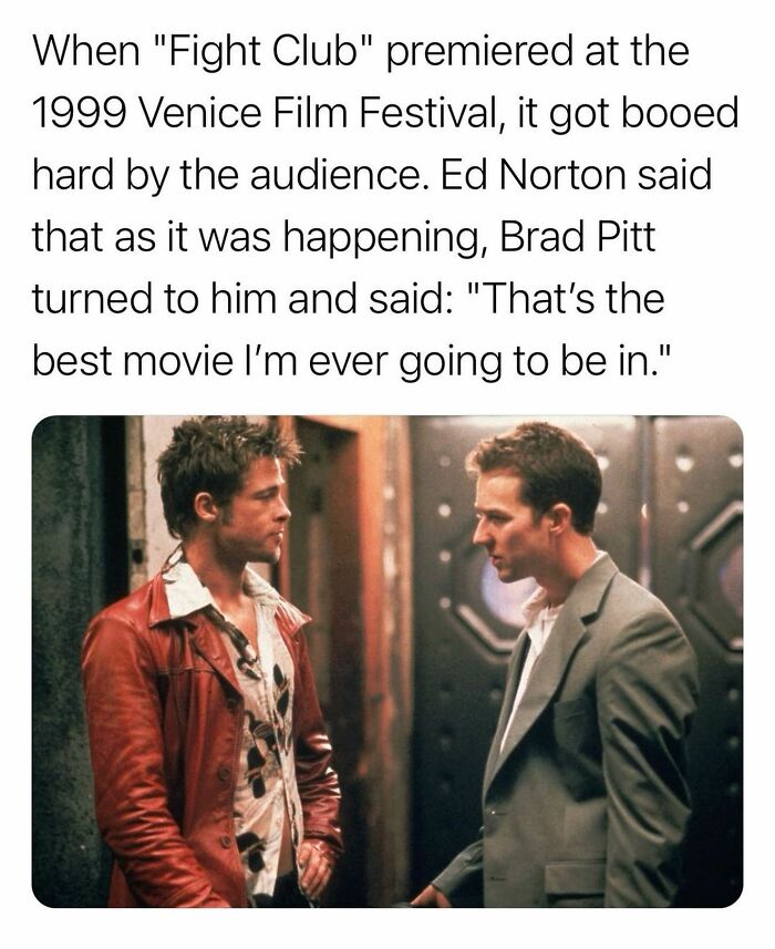 Brad Pitt and Edward Norton in a secret facts image revealing Fight Club's initial reception at the 1999 Venice Film Festival.
