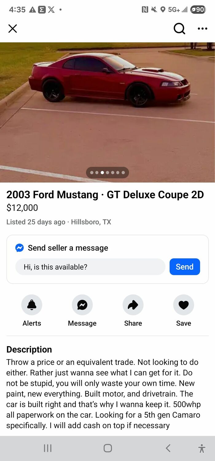 2003 Ford Mustang GT Deluxe Coupe in red parked for sale on Facebook Marketplace with detailed description and price.