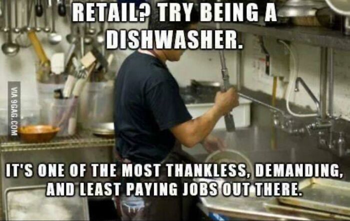 Hospitality worker washing dishes in a busy kitchen illustrating relatable working in hospitality memes.