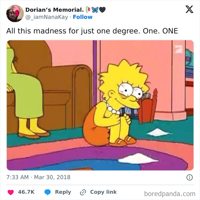 Cartoon character sitting on floor with a happy expression, from a popular Instagram page for daily serotonin boost.