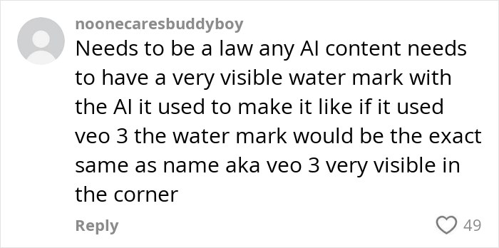 User comment discussing the need for visible watermarks on AI-created content for transparency and identification.