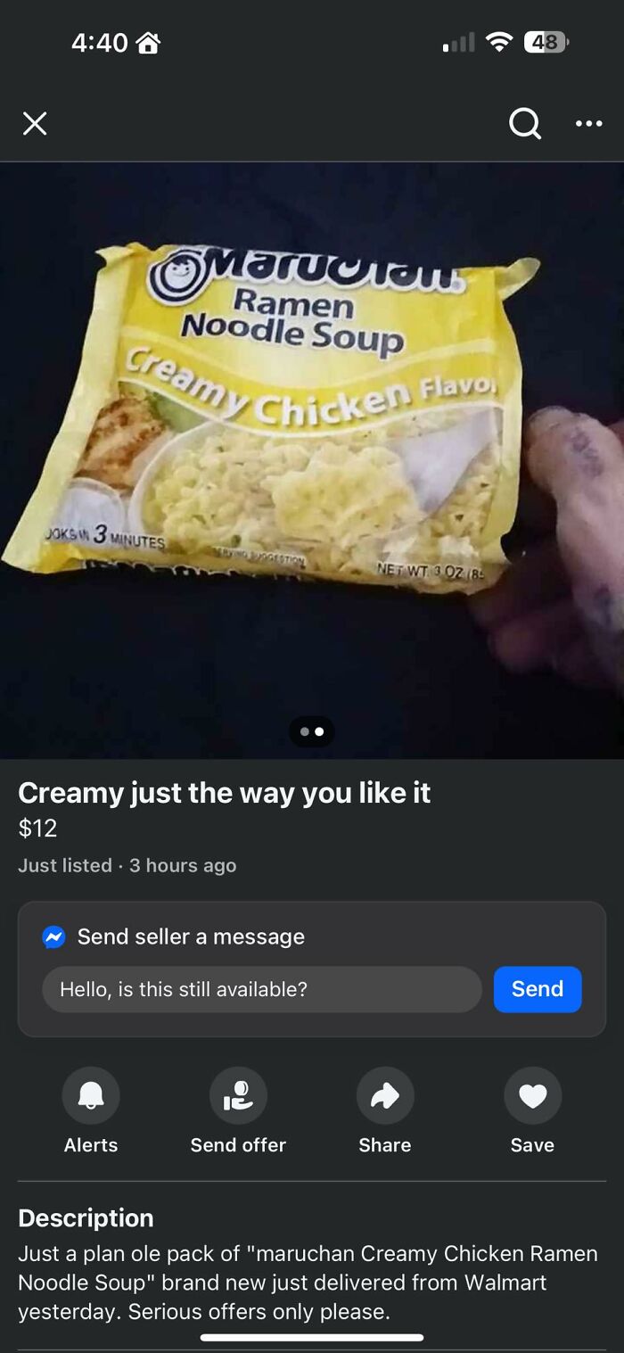 Pack of Maruchan Creamy Chicken Ramen Noodle Soup for sale, one of the wildest things found on Facebook Marketplace.