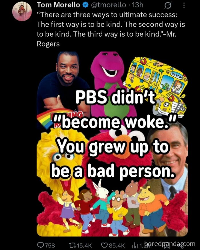 PBS characters collage with text about being woke, featured in 77 outrageous hot takes people shared publicly meme.