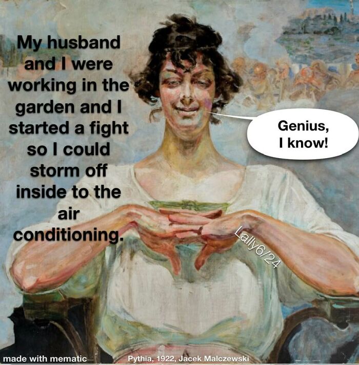 Classical art meme featuring a humorous modern caption about fighting to enjoy air conditioning inside.