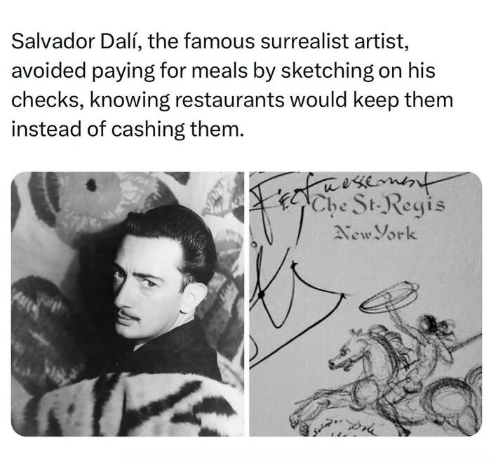 Black and white image of Salvador Dalí and his surreal sketch on a check, illustrating secret facts with amazing pictures.