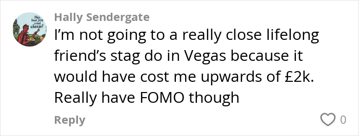 Comment expressing concern over the rising costs of paying for hen parties and stag do celebrations.