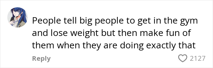 Comment criticizing people for targeting those over 200 lbs doing Pilates, highlighting gym weight loss hypocrisy.