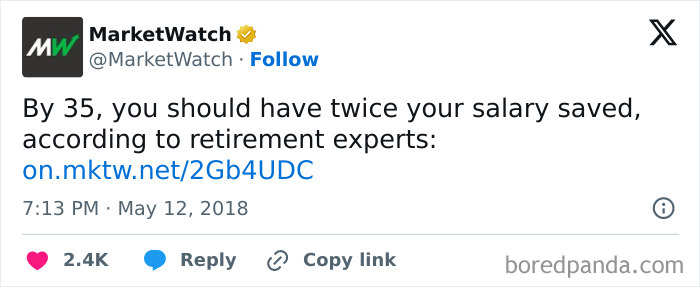 Tweet from MarketWatch about saving twice your salary by age 35, related to retirement tips and random Gen-Z memes discussion.