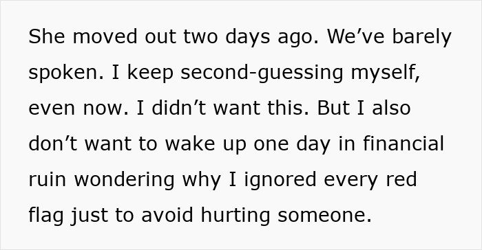 Text excerpt showing emotional reflection after bride-to-be&rsquo;s secret credit card debt surfaces, impacting prenup talks.